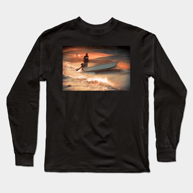 Fisherman on Sunset Coast Long Sleeve T-Shirt by cinema4design